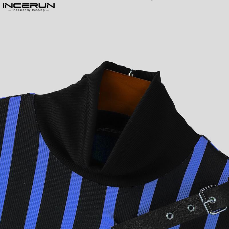 INCERUN Autumn Men's High Neck Long Sleeve Patchwork Striped Irregular Casual T-shirts Undershirts