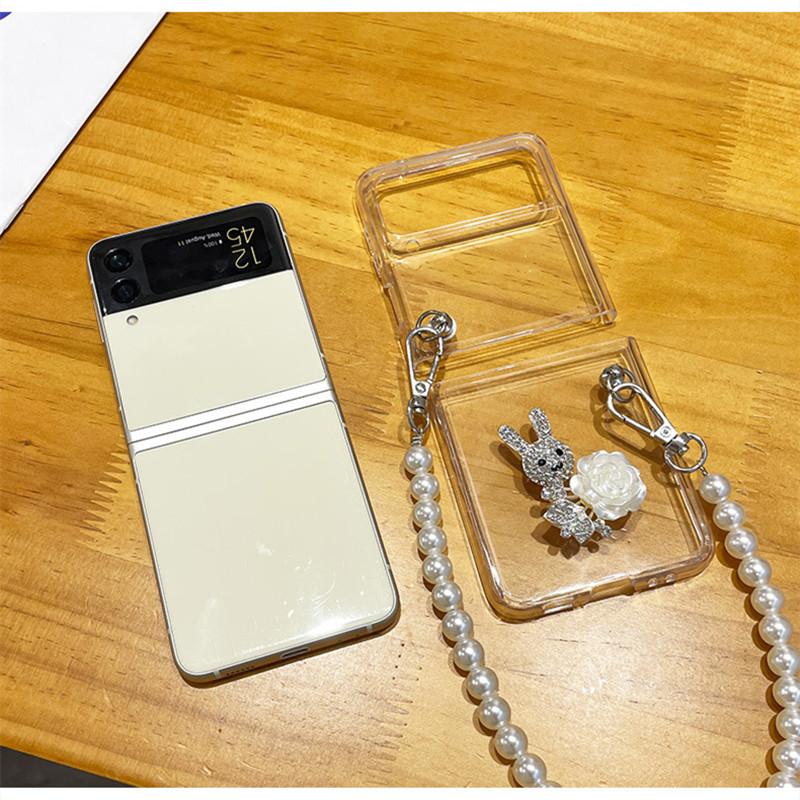 Rhinestone Rabbit Phone Cases For Samsung Galaxy Zflip 3 5g Fashion Niche Pearl Chain Cover For Galaxy Zflip Z Flip 4 Capa