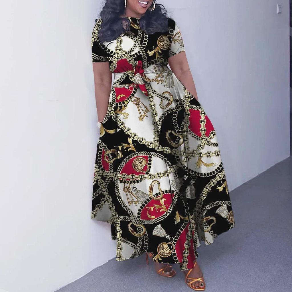 Новое женское платье из африканского кружева 2024 года: Короткие рукава, свободный крой, большие размеры, элегантная мода