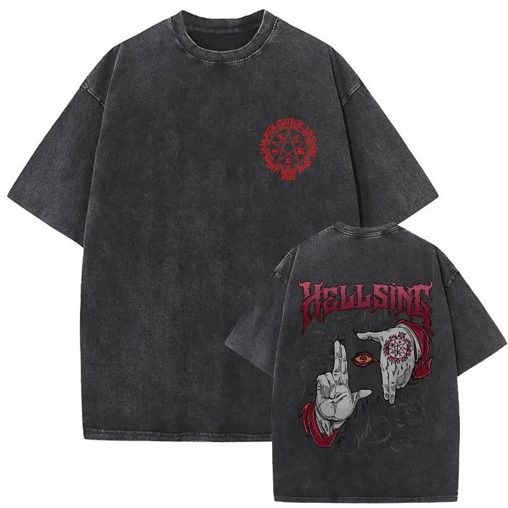 Hot Sale Anime Hellsing Abraham Van Helsing Vampire Alucard Print Tshirt Men Women Vintage Washed Cotton Summer Tee Oversize Top