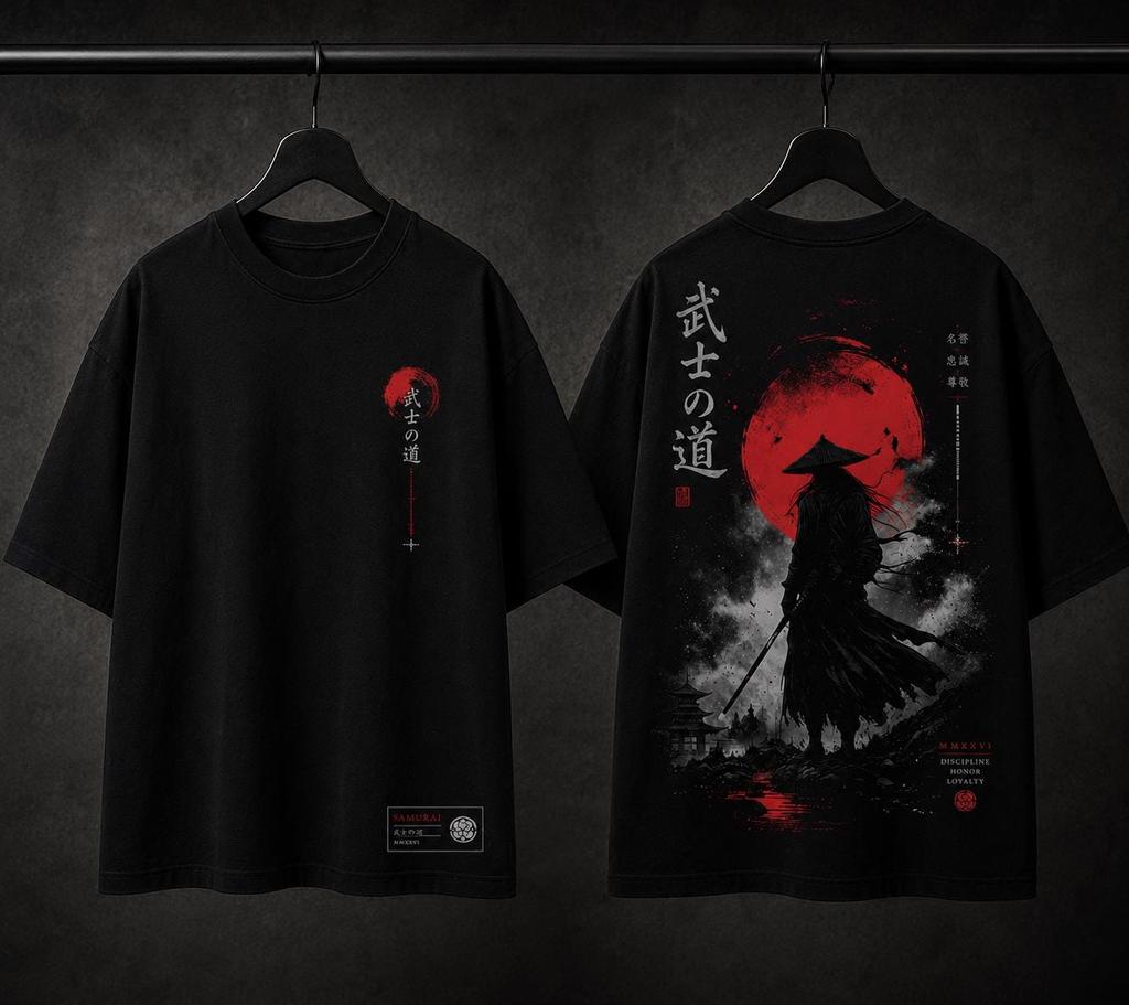 Samurai Oversized T-Shirt Japanese Streetwear Red Moon Graphic Unisex Black Tee