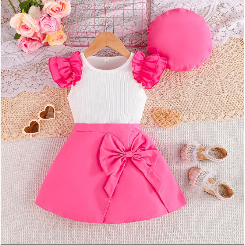 Новый комплект для девочек: топ с короткими рукавами-крылышками и бантом + короткая юбка + шляпа. Милый модный комплект