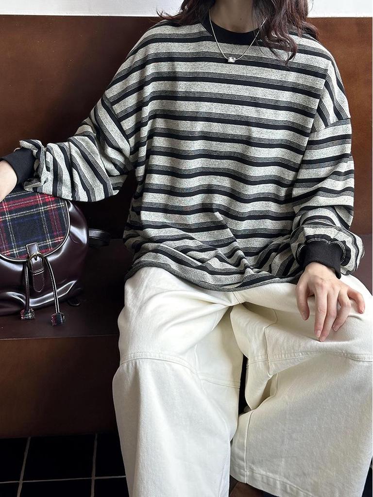 Juzhi 2024 Осенний корейский полосатый контрастный свитер-пуловер с круглым вырезом и длинными рукавами