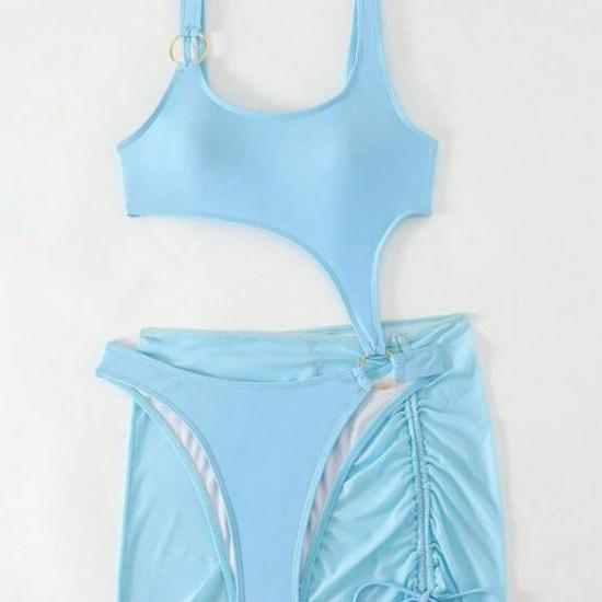 Слитный купальник с юбкой для женщин - Европейский и американский стиль, Нагрудные вкладыши, Однотонный, Стройнящий и консервативный дизайн