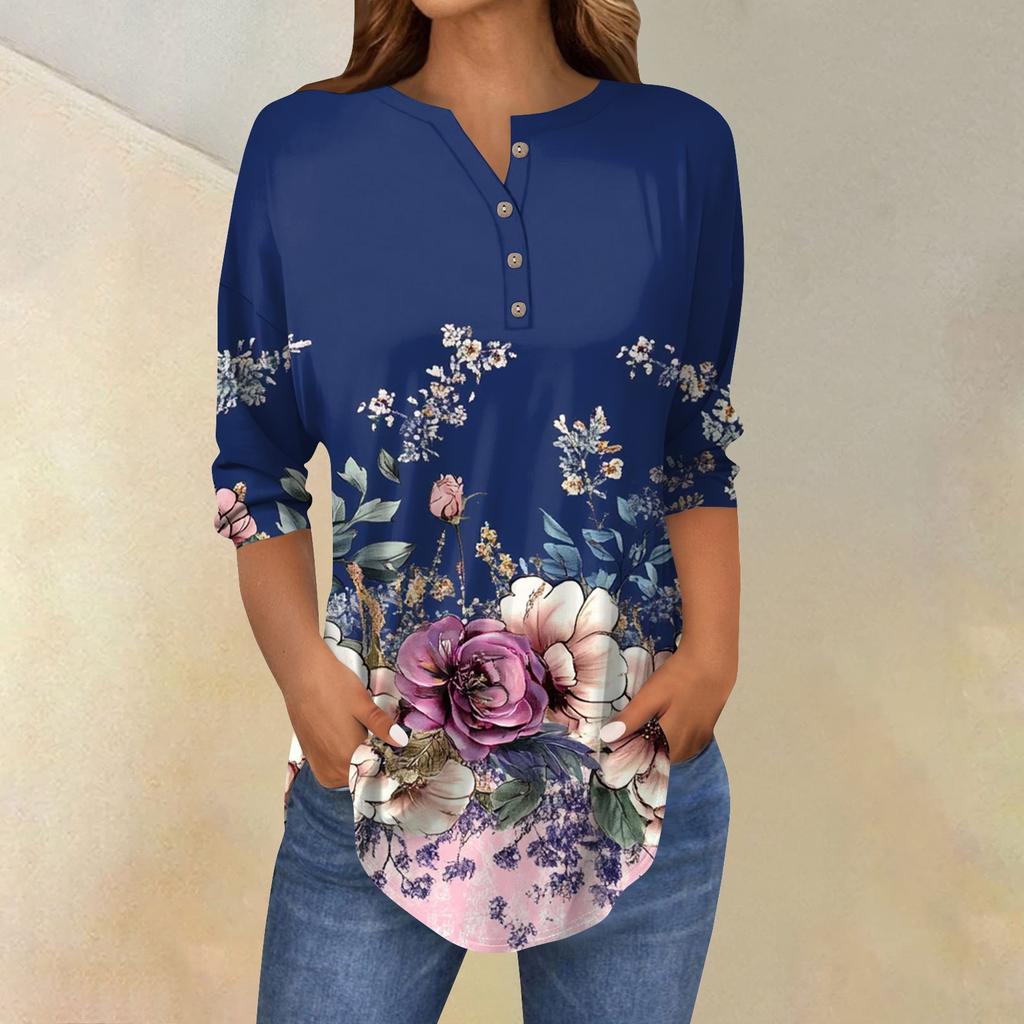 Женская мода свободный воротник на пуговицах с принтом рукав 3/43/4 футболка топы пуловер