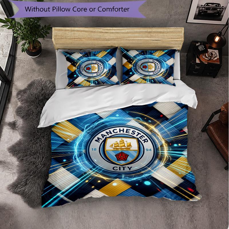 Manchester City Pattern 3 Pieces Bedding Set Soft Microfiber Duvet Cover with Pillow Cases for Bedroom