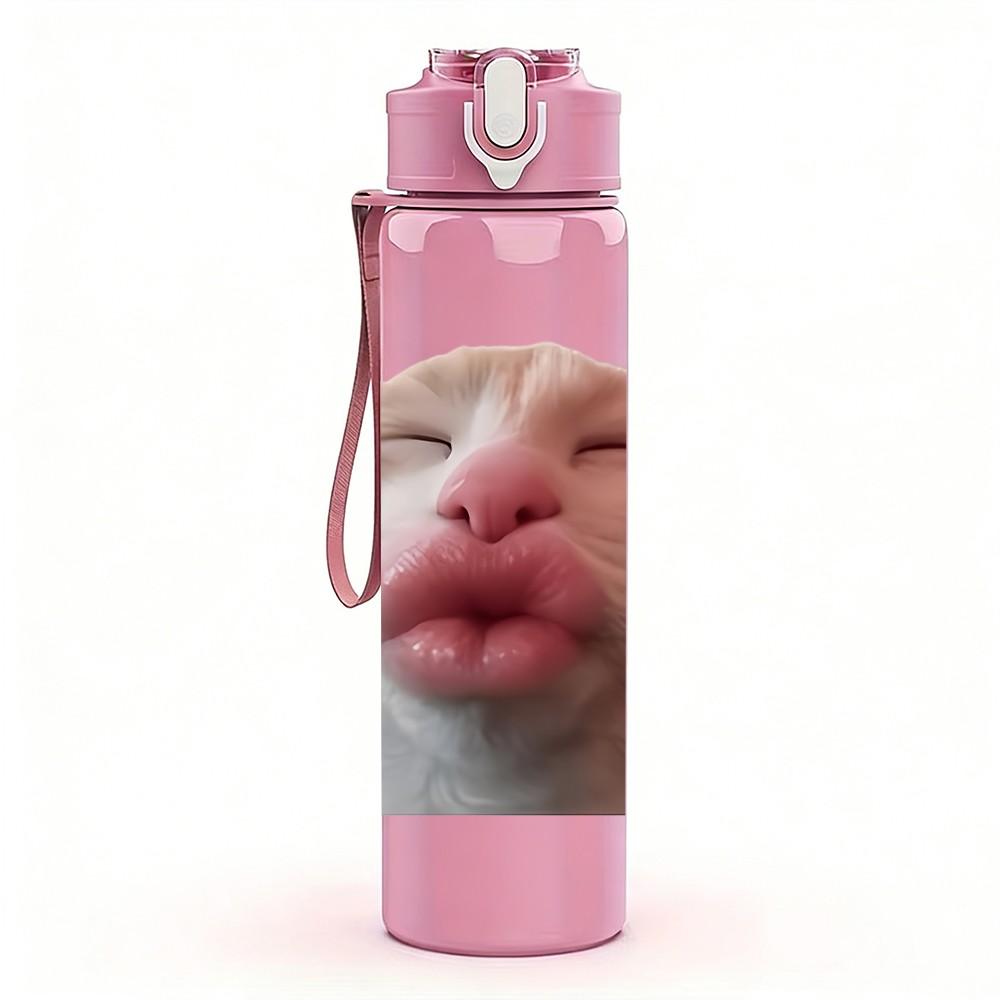 1PC Cat Blushing Funny Animal Print 750ml Color Plastic Sports Water Bottle Leakproof Flip Straw Lid Suitable for Sports Office Home Use