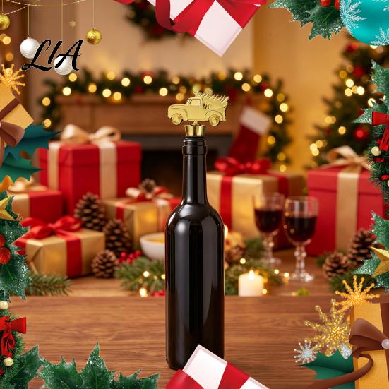 Decorative Wine Cork for Christmas Party Stopper with Silicone Ring, Stainless Steel Bottle Sealer, Snowflake Design Snowflake/Car/Train/Elf