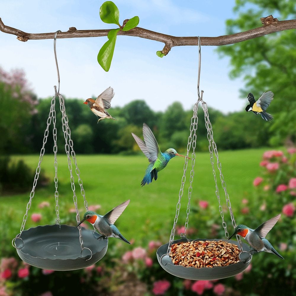 Bird Feeder Plate Adjustable Bird Feeding Tray with Chain Bird Water Bowl Hanging Bird Bath Plastic Outside Bird Tray Tree