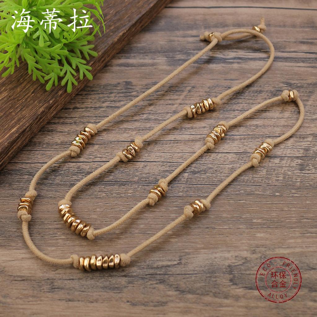 Новое ретро кожаный шнур металлический бисерный кабель длинное ожерелье, женское богемное кожаное ожерелье