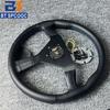 Blue Yellow Stitching Italy Style V1 Steering Wheel Real Leather 14inch 350mm Flat Italy Back Engraving Racing Street Sport