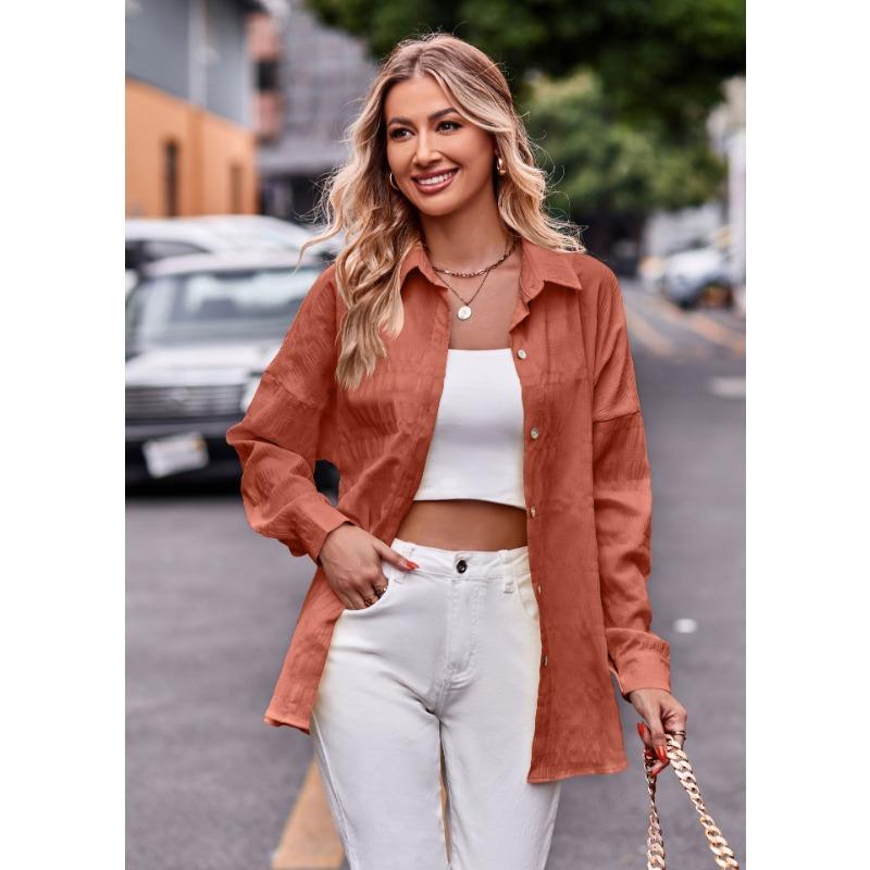 Spring and Autumn Women's Casual Fashion Bubble Check Loose Plaid Shirt Top