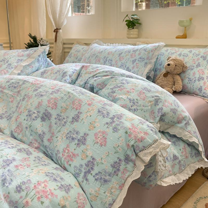 INS Комплекты постельного белья в корейском стиле 2025 Новые Хлопковые Мятые Двухслойные Пряжа Кружево Комплекты постельного белья Клетчатый Рождественский декор Подарок Домашний декор