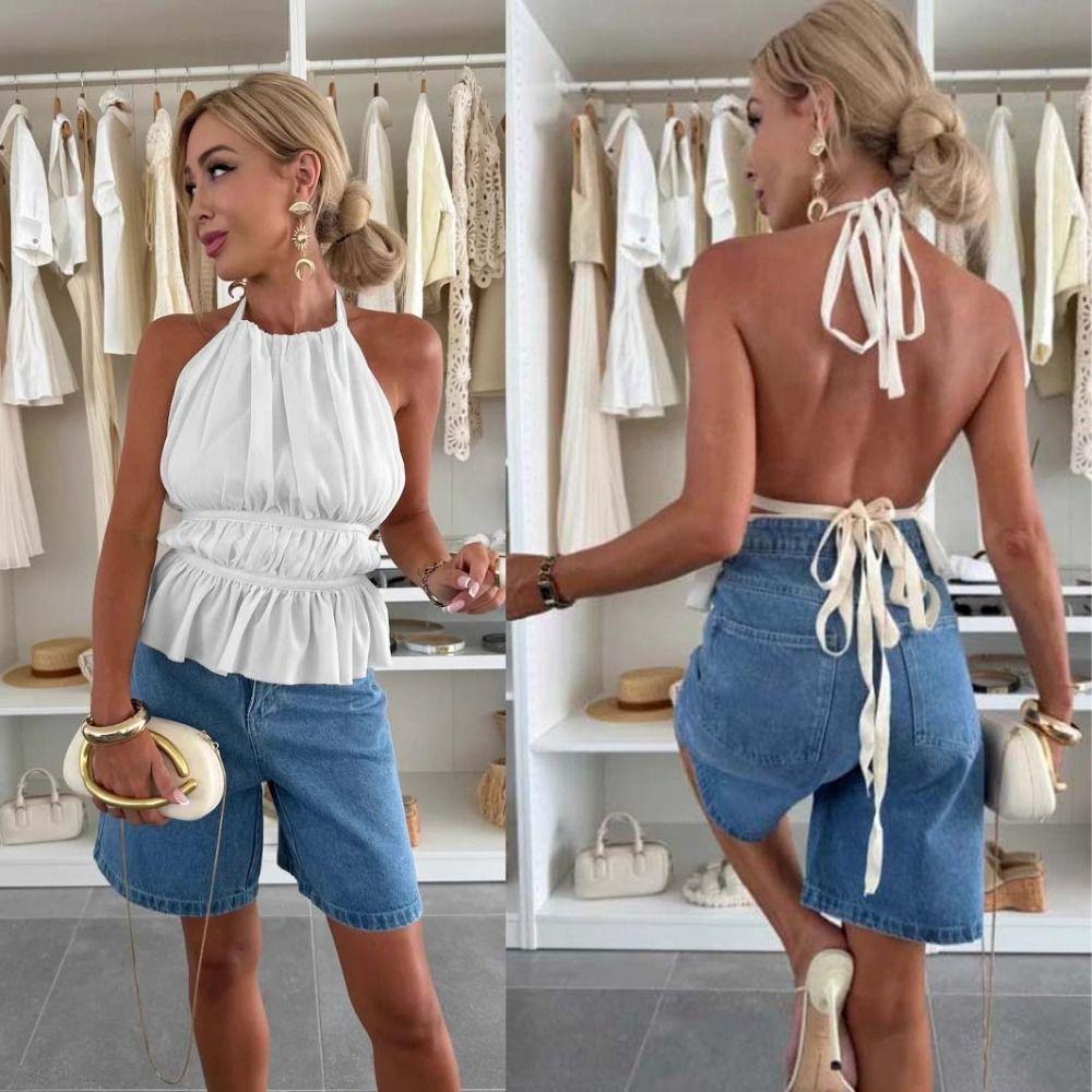 Sleeveless Chiffon Vest Tops Halter Women's Crop Top Simple Lace-up Camisole Club