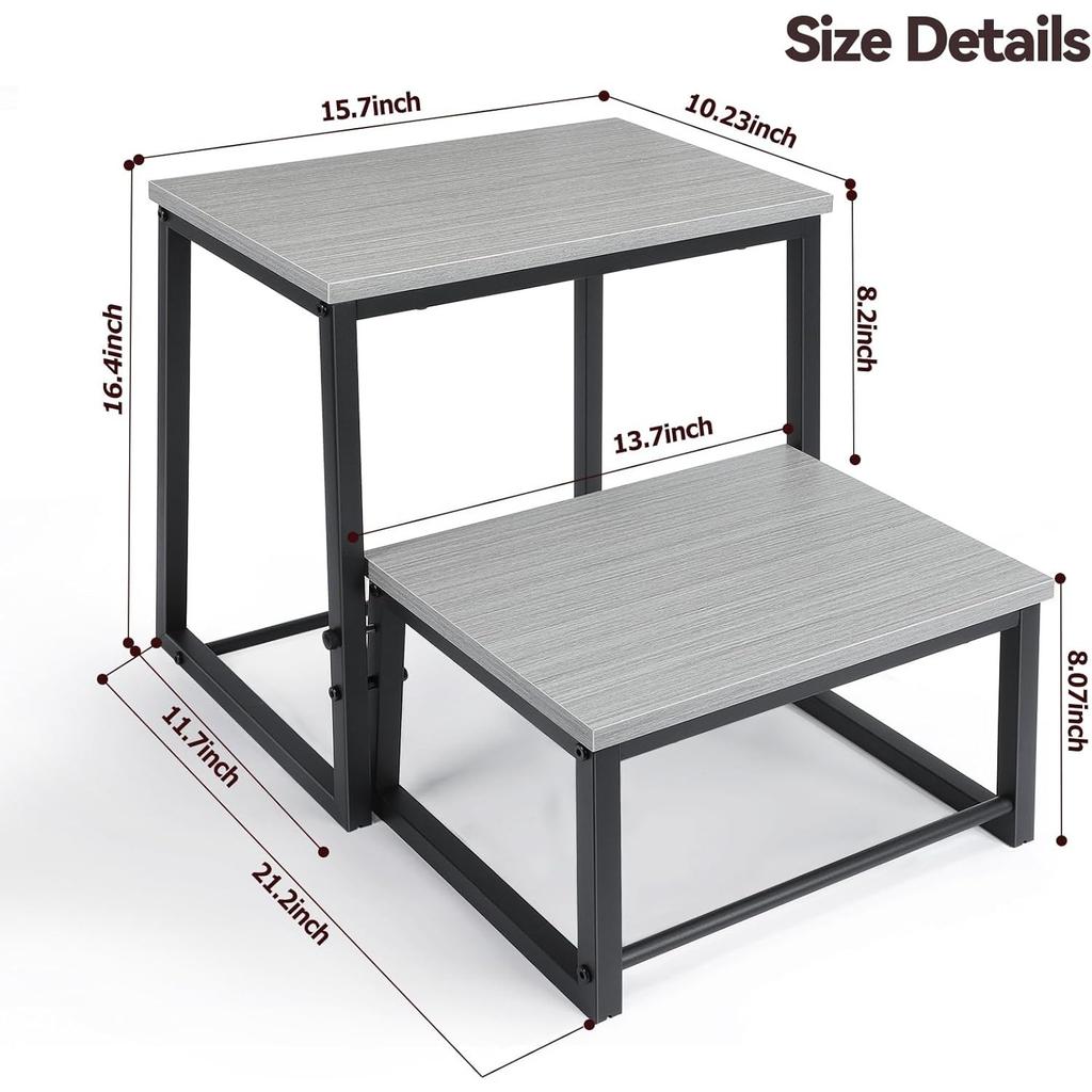 Heavy Duty 2 Step Stool for Adults 500LB, Wood & Metal Frame with Non-Slip Pads for Kitchen Bathroom Bedroom, Tall Bed Access