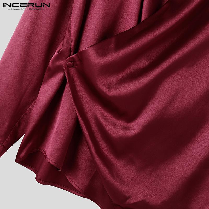 INCERUN Мужские рубашки с V-образным вырезом спереди с перекрестным запахом, атласные топы