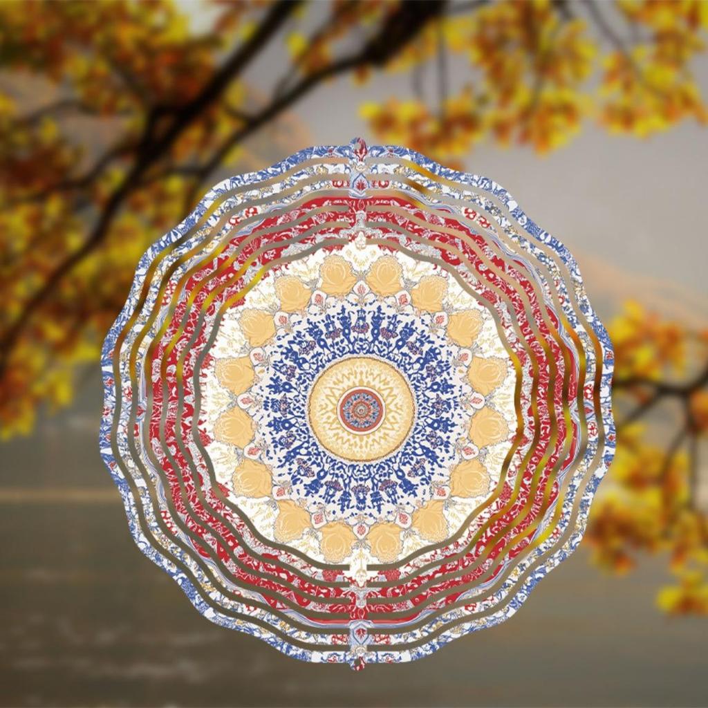 Bohemian Style 10 Inch Hanging Wind Spinner Vibrant Blue Red Yellow Floral Pattern Metal Art Chime for Balcony Patio Garden Decor All Season Gift