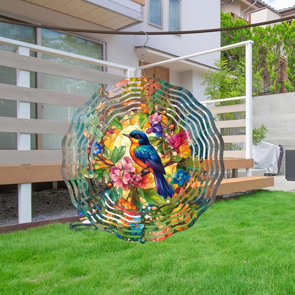 Vibrant Hummingbird & Floral 3D Stainless Steel Wind Spinner - 19.99cm Colorful Metal Sculpture for Indoor/Outdoor Garden Decoration, Battery-Free