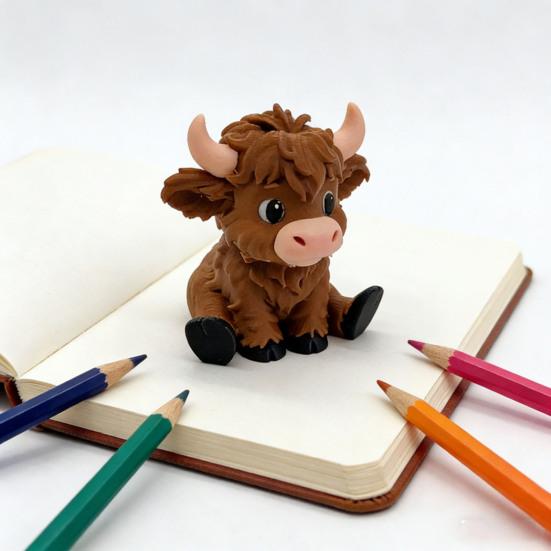 Мини-фигурка милой шотландской коровы, 3D-печать, мультяшная статуэтка сидящего бычка, коллекционный животный орнамент для декора дома, офиса, стола, полки