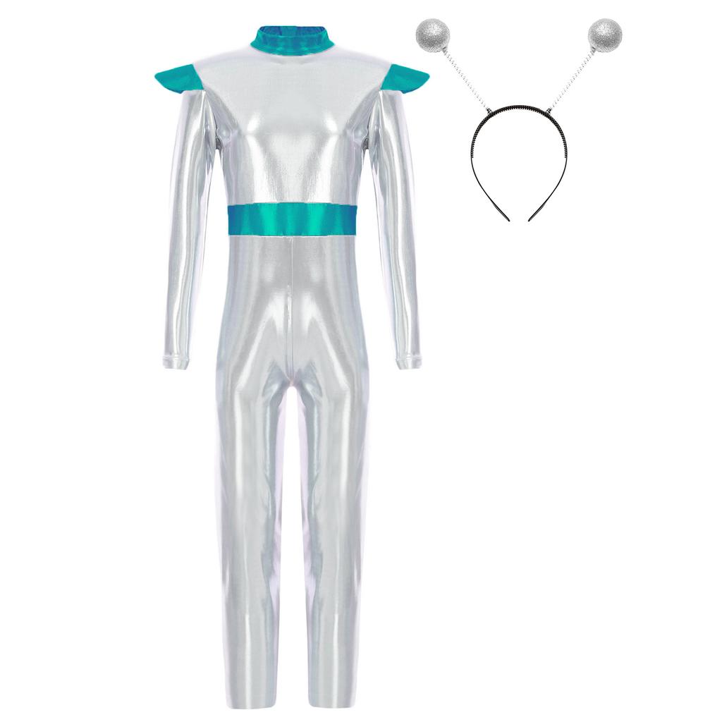 Kids Alien Cosplay Costume Long Sleeve Full Length Bodysuit Alien Hair Hoop Halloween Dress Up Party Costume Set