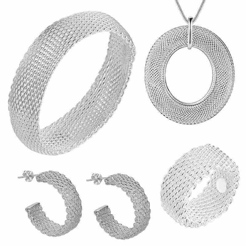 Lovely fashion 925 sterling silver Woven Mesh pendant necklace earrings bangle rings for women wedding engagement jewelry set