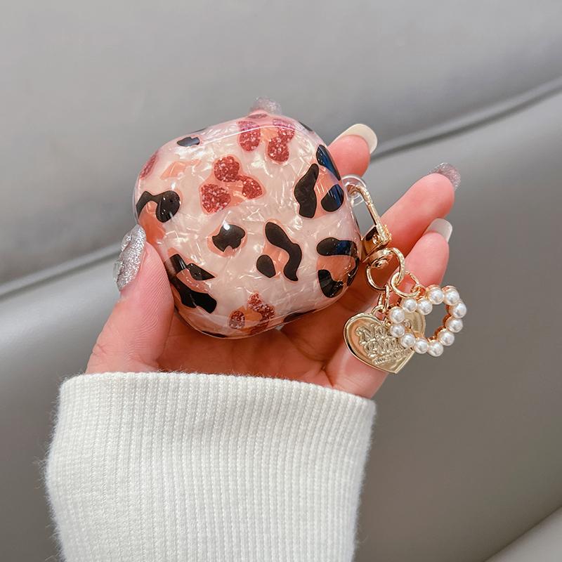 For Samsung Galaxy Buds Live 2 Pro 2 FE Case Simple Shell Leopard Print TPU Earphone Case Accessories Cover With Pearl Keychain