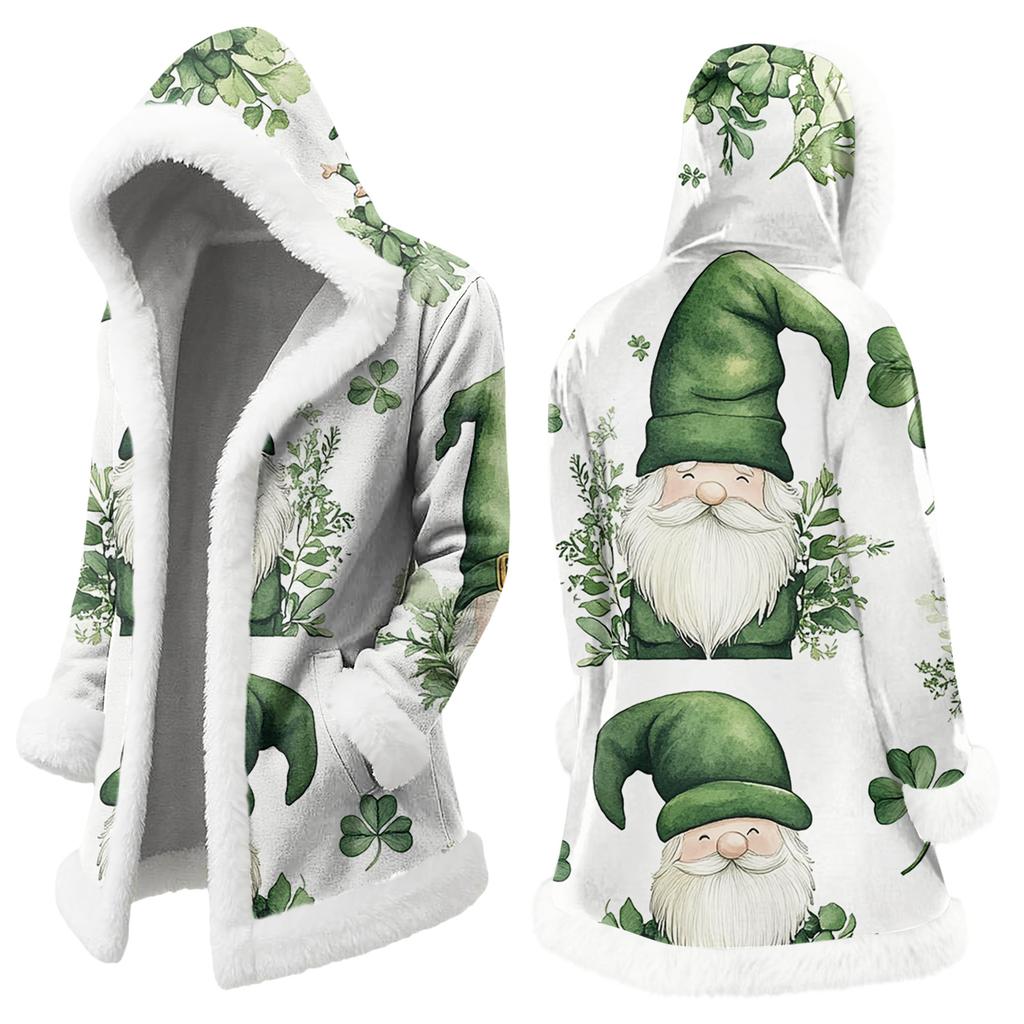 Unisex Casual And Fashionable Plush Collar Hooded Long Sleeved St. Patrick's Print Jacket
