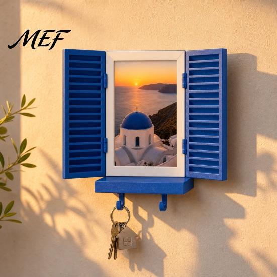 Travel Photo Display Frame Key Holder with Hidden Storage Shelf, Mediterranean-Style Window Mail And Organizer Stand, Functional Entryway Blinds Decor