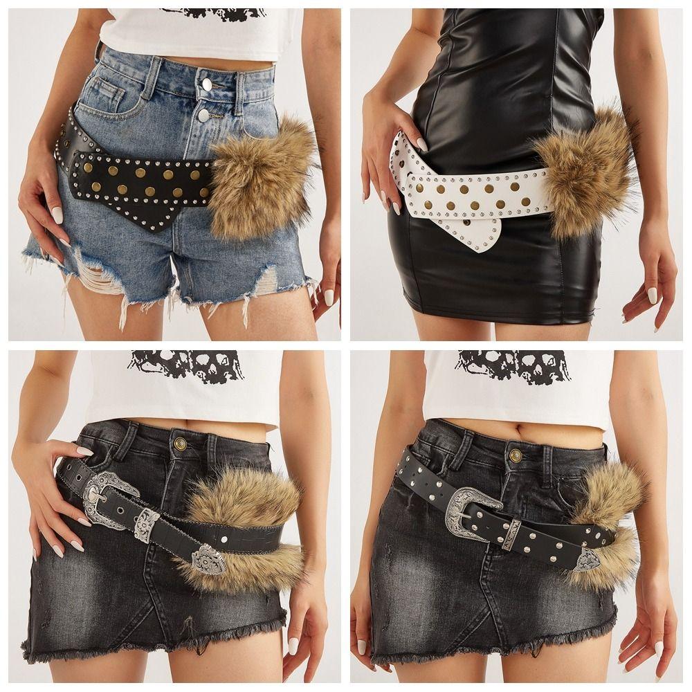 Retro Leather Fur Belt Rivet Y2K Waistband Fashion Punk Style Belt  Pants Accessories