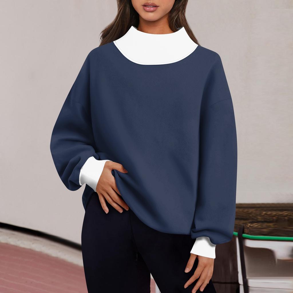 Женская мода с длинным рукавом и цветными блоками, свободная водолазка с разрезом и половиной водолазки, топ