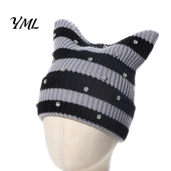 Cozy Headwear for Girls Cat Ear Hat Women Girls, Striped Slouchy Crochet Headgear Winter Skiing Walking with Shiny Rhinestones, Cute Warm Knitted Cap