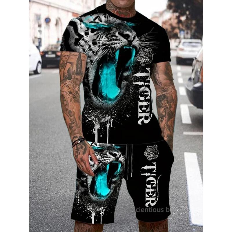 Новый мужской летний повседневный комплект из короткого рукава и шорт, классная футболка с принтом «Король Лев» и шорты на шнурке, мужской комплект