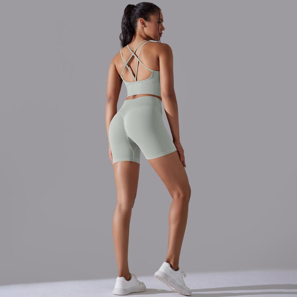 Бесшовный вязаный однотонный спортивный костюм с высокой эластичностью на спине для йоги и бега, комплект из двух предметов