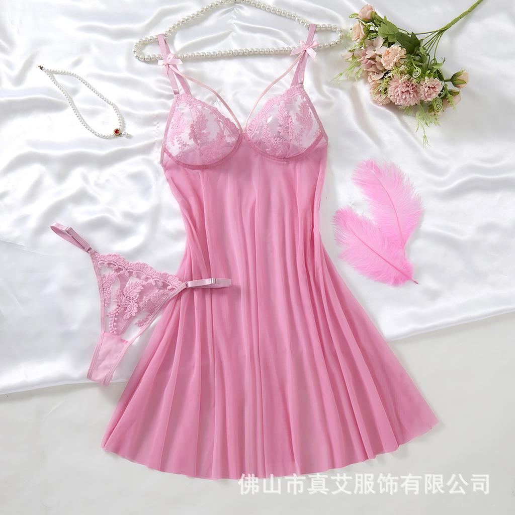 Popular lace mesh suspender nightdress set sexy perspective pajamas women's pure desire style
