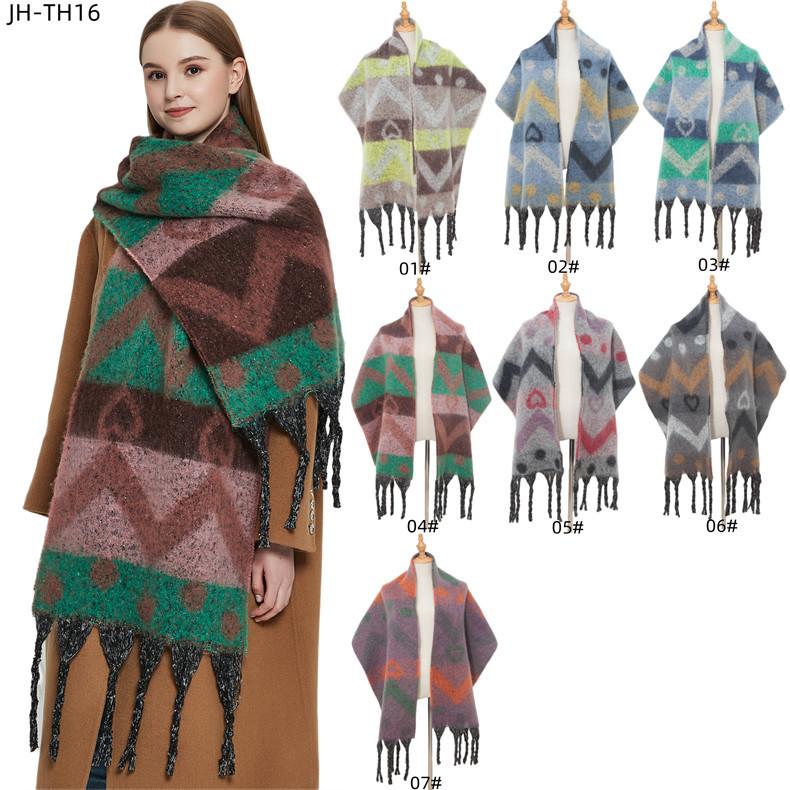 Female Warm Shawl Autumn Winter Thick Love Wave Print Scarf Tassel