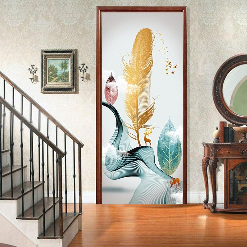 Пейзажные наклейки для украшения дверей, закат, простые абстрактные линии, бамбуковые обои на холодильник для гостиной, домашний декор, художественные наклейки для спальни