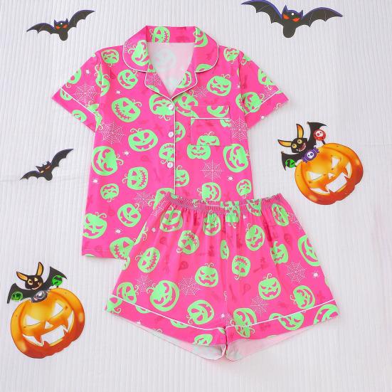 Комплект женской пижамы на Хэллоуин с принтом призрака и тыквы, рубашки с коротким рукавом на пуговицах и шорты, комплект одежды для сна из 2 предметов, домашняя одежда, короткий комплект пижамы