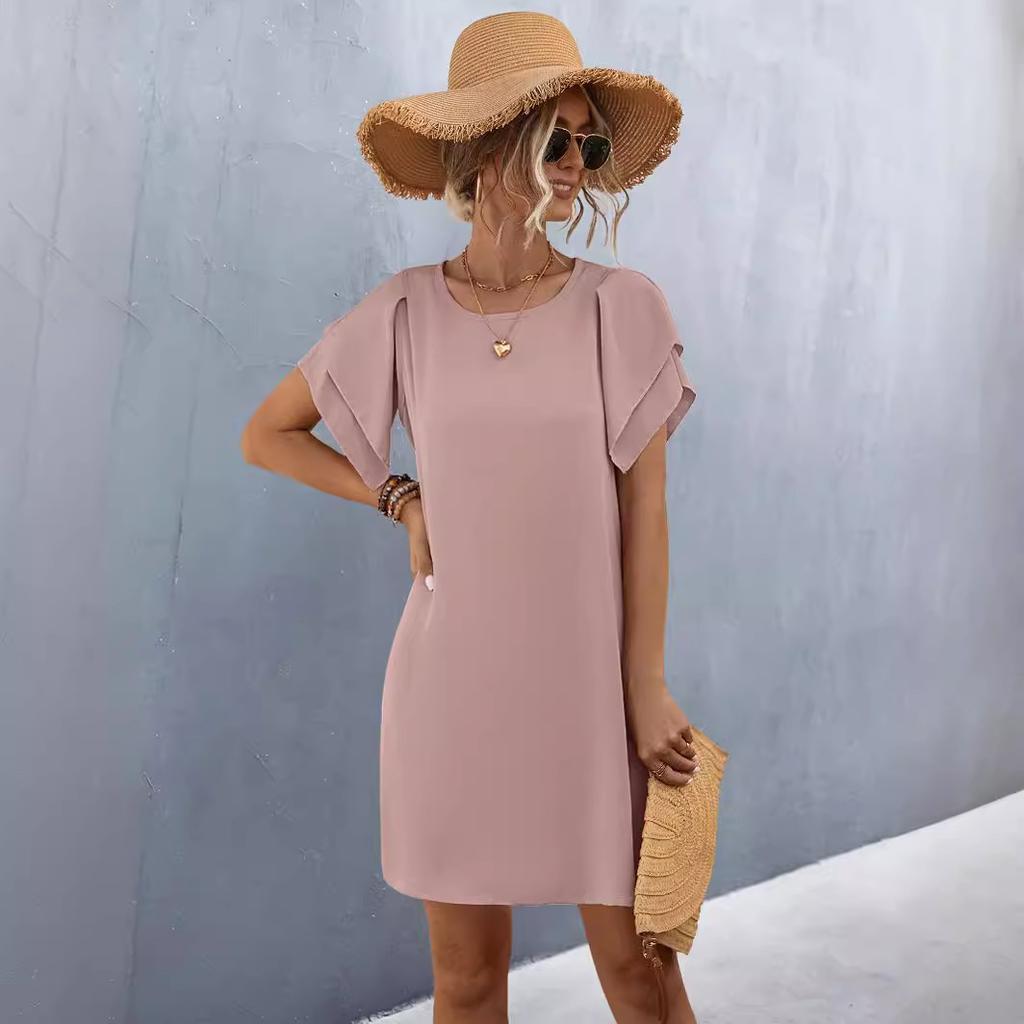 Spring Summer Women's Double-layer Lotus Sleeve O-Neck Short Sleeve Pocket Dress