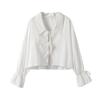 Solid Linen Lace Up Bow Shirts Women Turn-down Collar Lantern Sleeve Blouse Ruffles Summer