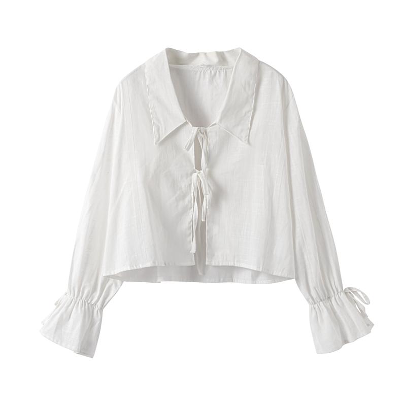 Solid Linen Lace Up Bow Shirts Women Turn-down Collar Lantern Sleeve Blouse Ruffles Summer