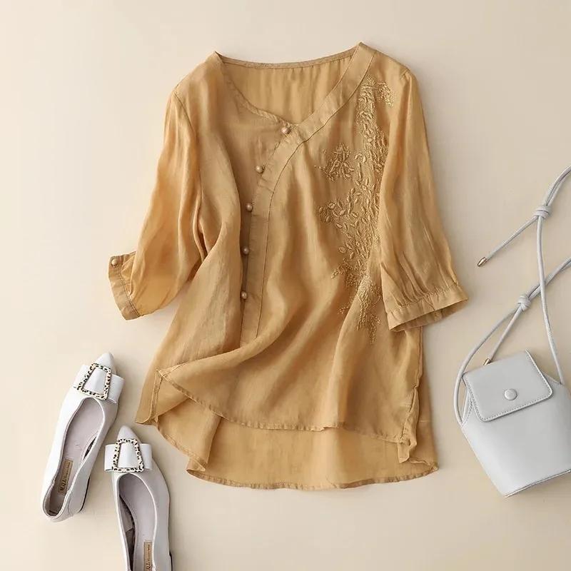 Summer Buttons Short Sleeve Embroidered Blouse Casual Women Tops Retro Loose Fit Cotton Linen Blouses