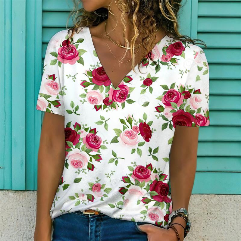 Новинка 2024 года, женская футболка с цветочным принтом, топ больших размеров, женская трендовая одежда, модная рубашка с коротким рукавом, большая блузка с v-образным вырезом