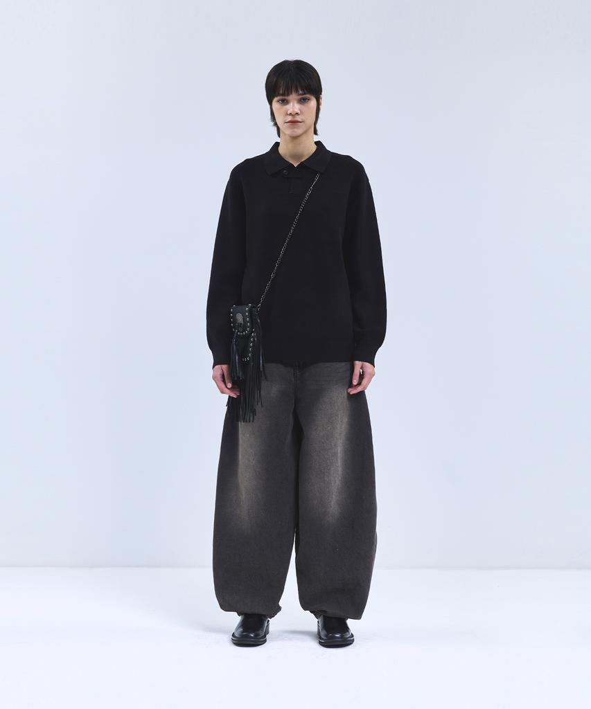 IRONYPORNO WHITELINE 86-Iroj367 Collared Placket Long Sleeve Knit Black