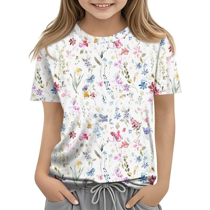Детская футболка с 3D-принтом, новая повседневная универсальная детская одежда с цветочным 3D-принтом, футболка с короткими рукавами и круглым вырезом