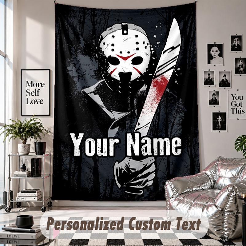 Custom Tapestry Wall Hanging, Friday the 13th Jason Voorhees Personalized Name Text Home Wall Decor
