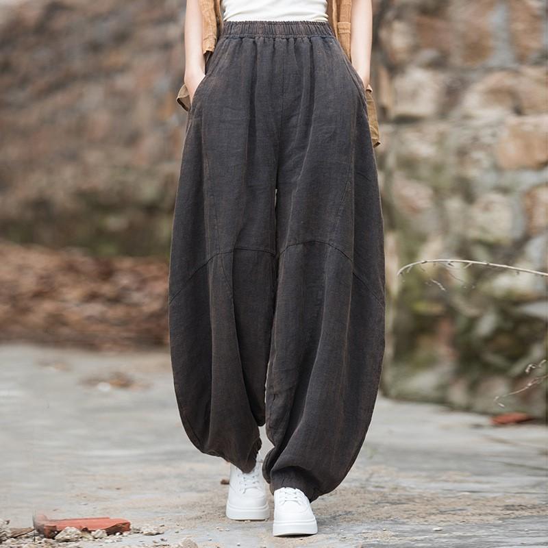 Johnature Женские винтажные широкие брюки Ramie, однотонные брюки с эластичной резинкой на талии, весенние лоскутные свободные женские брюки