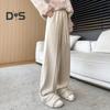 Women Pants Straight Wide Leg Drawstring Elastic Waist Casual Trousers with Pockets Solid Color Long Pants