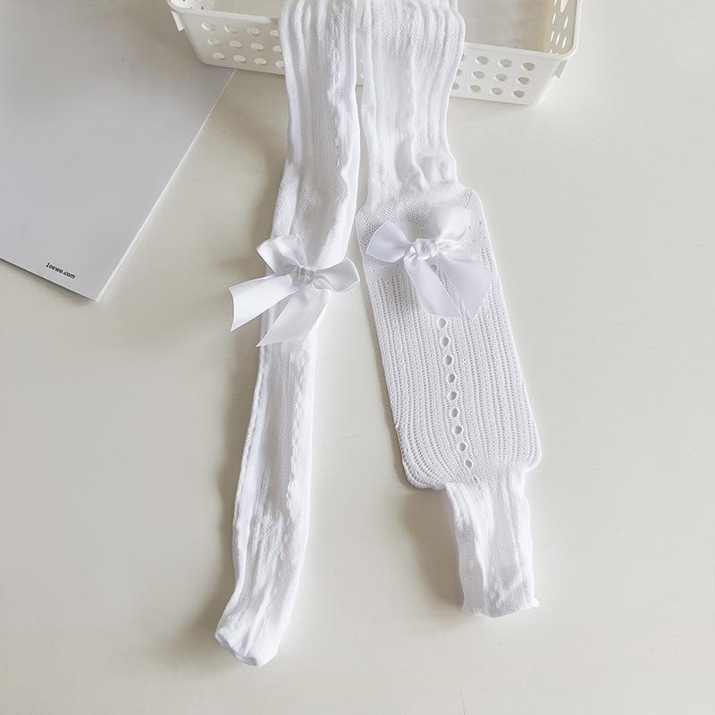 Детские колготки для девочек однотонные с кружевным бантом и ажурными вырезами для детей, милые тонкие дышащие леггинсы, летние, милые чулки