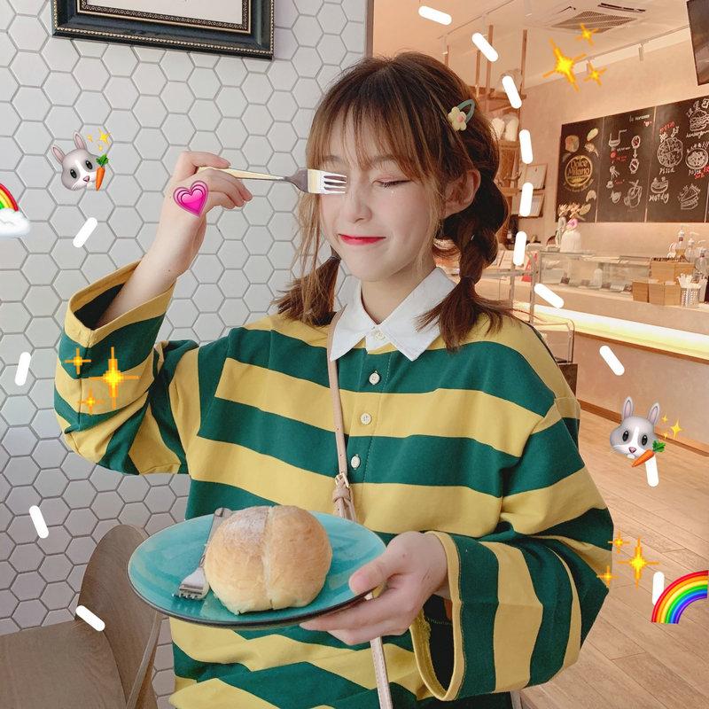 Color Striped Patchwork Hoodies Women Long Sleeve T Shirt Turn Down Collar Long Sleeve Button Tees Casual Top