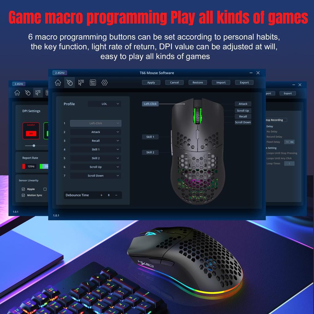 ZIYOU LANG T66 Беспроводная игровая мышь 1000 Гц Reporter RGB DPI Черная, Частота опроса, 2,4G/Bluetooth 5.3/USB-C, Подсветка, 5-уровневая регулировка, 90 г,